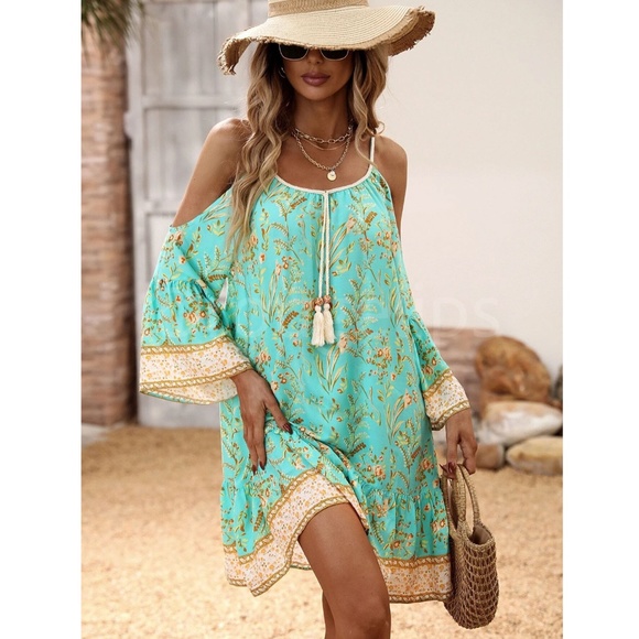 Mint Green Cold Shoulder Tassel Detail Loose Fitting Mini Dress Short Floral - Picture 1 of 10